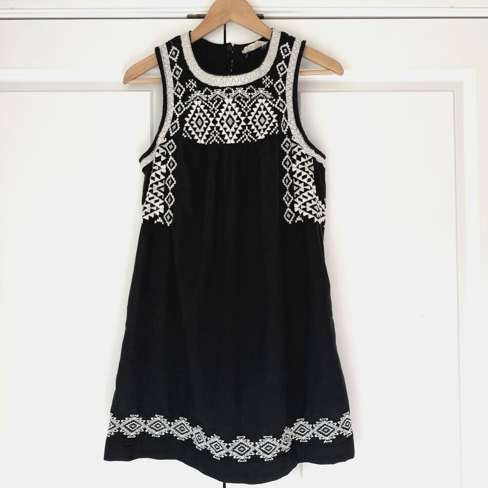 Lucky Brand Dress M Black Embroidered Linen Cotton Shift Pockets Boho